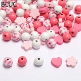 20Pcs Girls Pink Flowers Round Wooden Beads DIY Bracelet Accessories