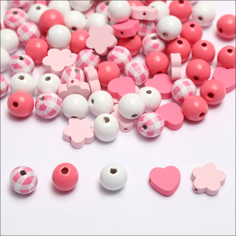 20Pcs Girls Pink Flowers Round Wooden Beads DIY Bracelet Accessories
