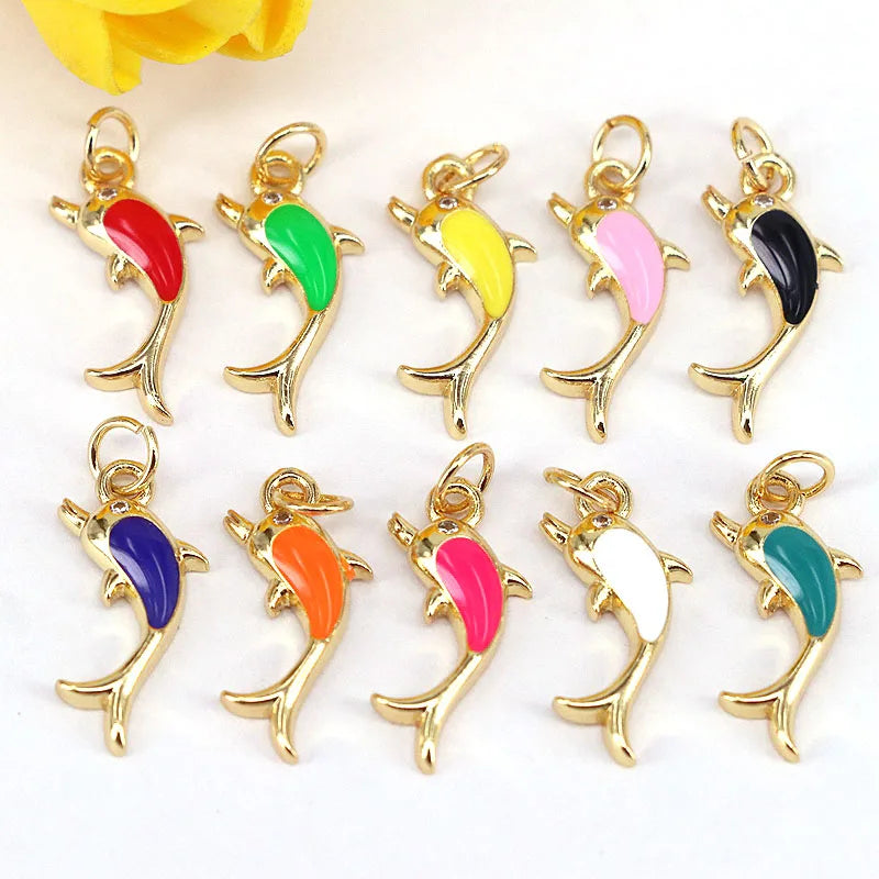 Gold Enamel Dolphin Pendant - CZ Micro Pave Dolphin Charms