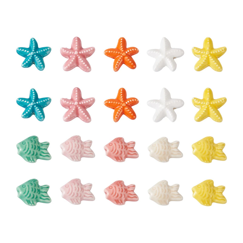 20Pcs Ceramic Fish Starfish Beads Porcelain Charms For DIY Jewelry