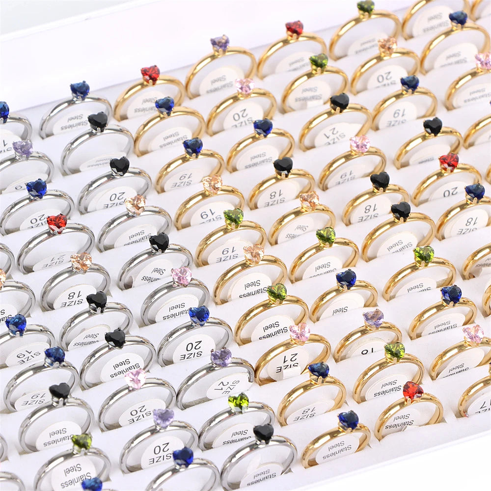 20Pcs Colorful Heart Love Stainless Steel Rings Mix Wedding Engagement Jewelry