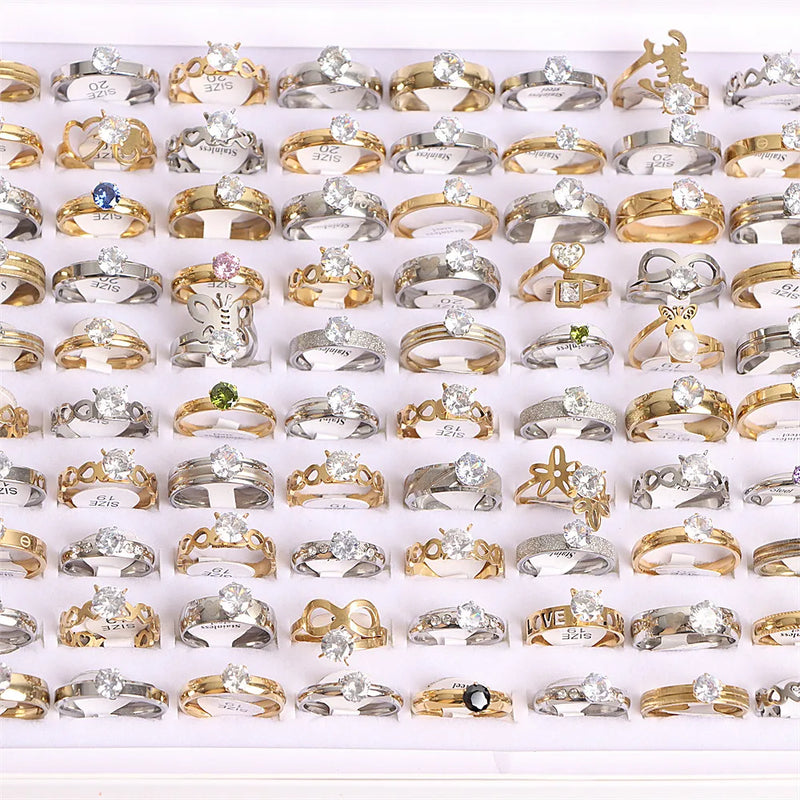20Pcs Mix Style Zircon Stainless Steel Rings For Women