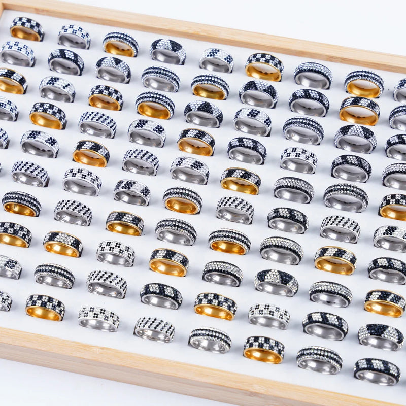 20Pcs Rhinestone Stainless Steel Rings Men Women Wedding Mix Style