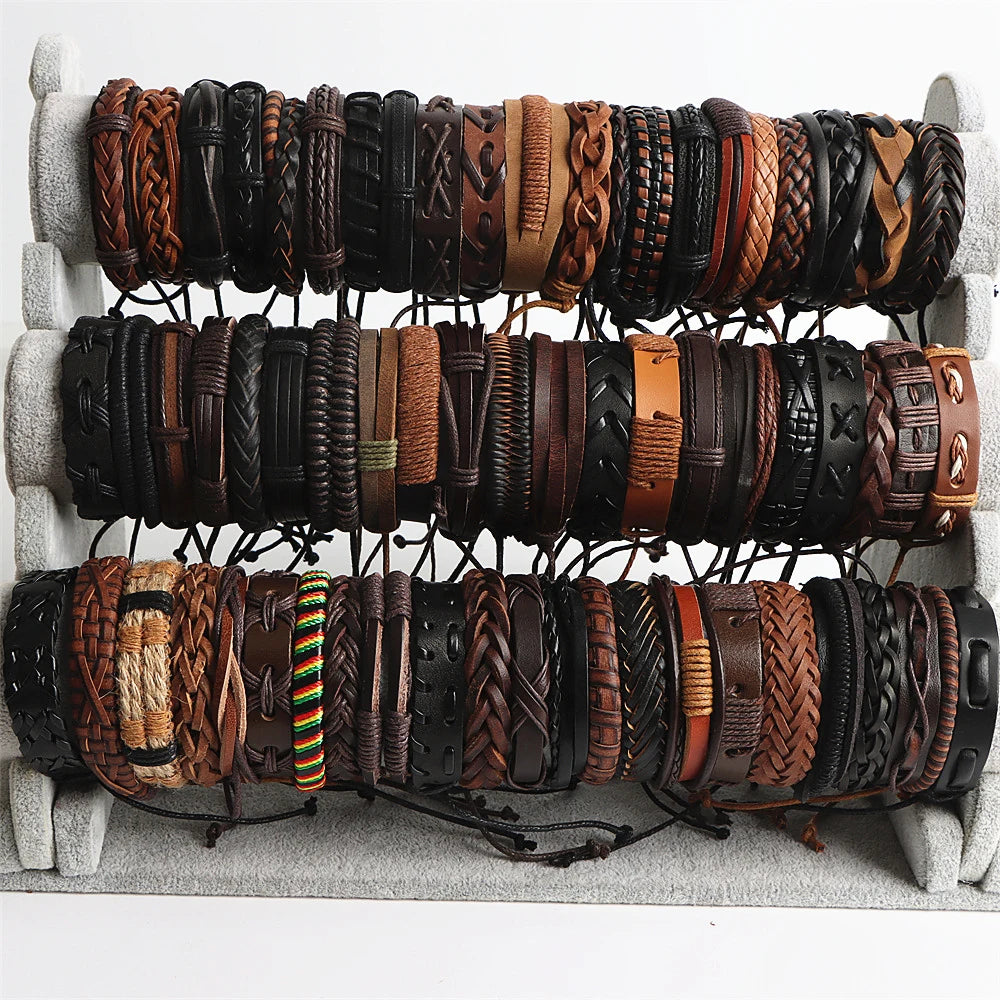 20Pcs Retro Leather Cuff Bracelets Colorful Bangle Jewelry Mix Styles Adjustable