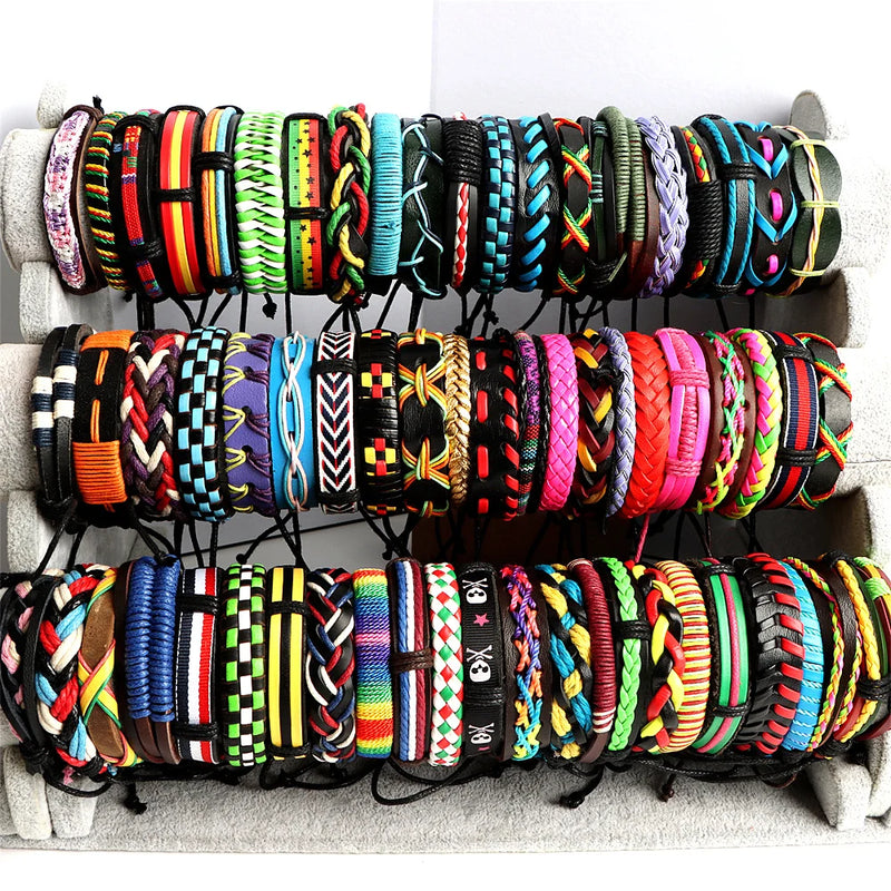20Pcs Retro Leather Cuff Bracelets Colorful Bangle Jewelry Mix Styles Adjustable