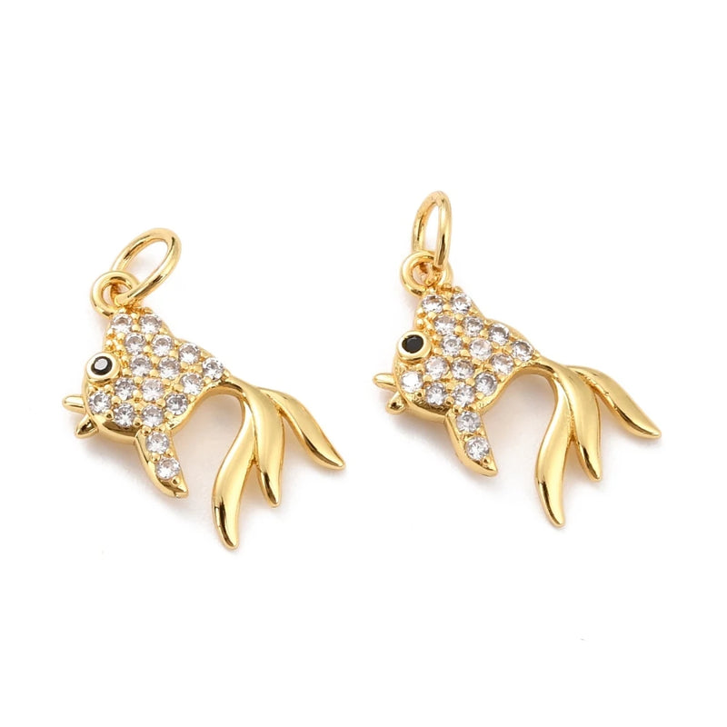 20Pcs 18K Plated Brass Rhinestone Fish Pendants for DIY Jewelry Making
