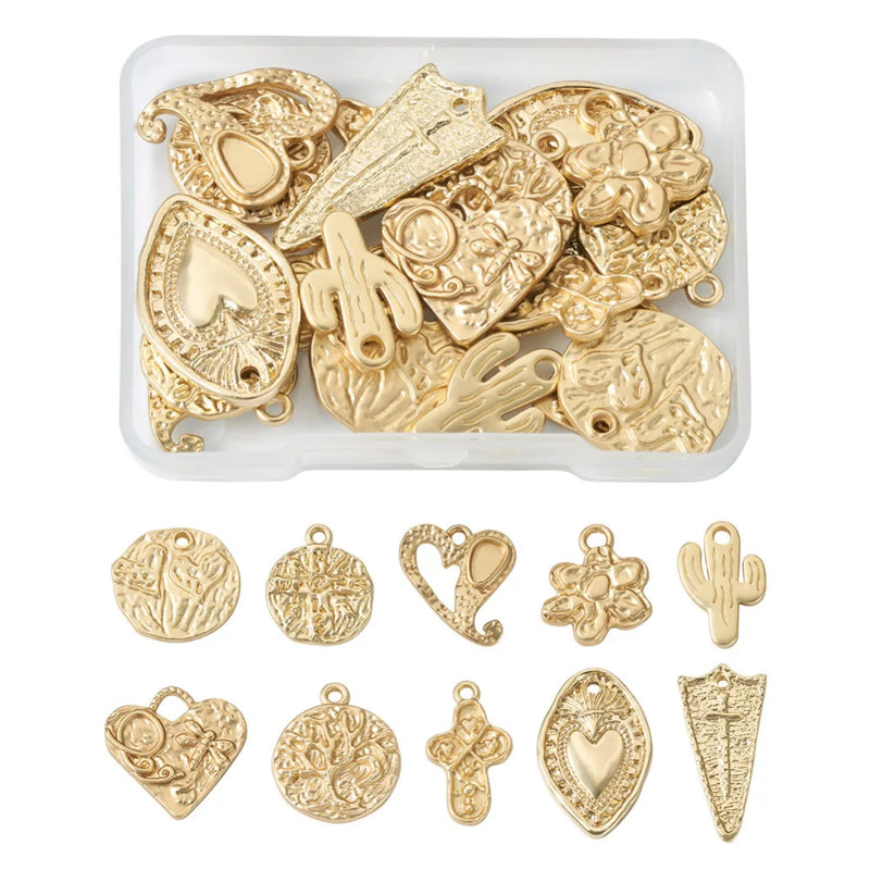 20Pcs Matte Cross Heart Flat Round Charms 14K Plated Alloy Pendants