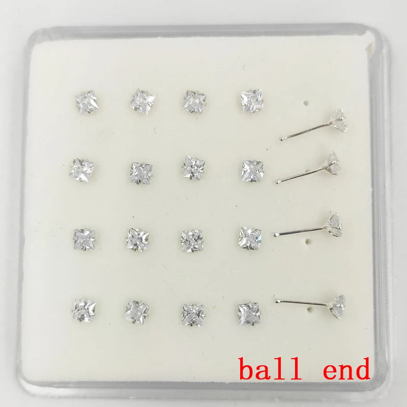 20Pcs 925 Silver Nose Stud Square CZ Nostril Pin Nose Piercing