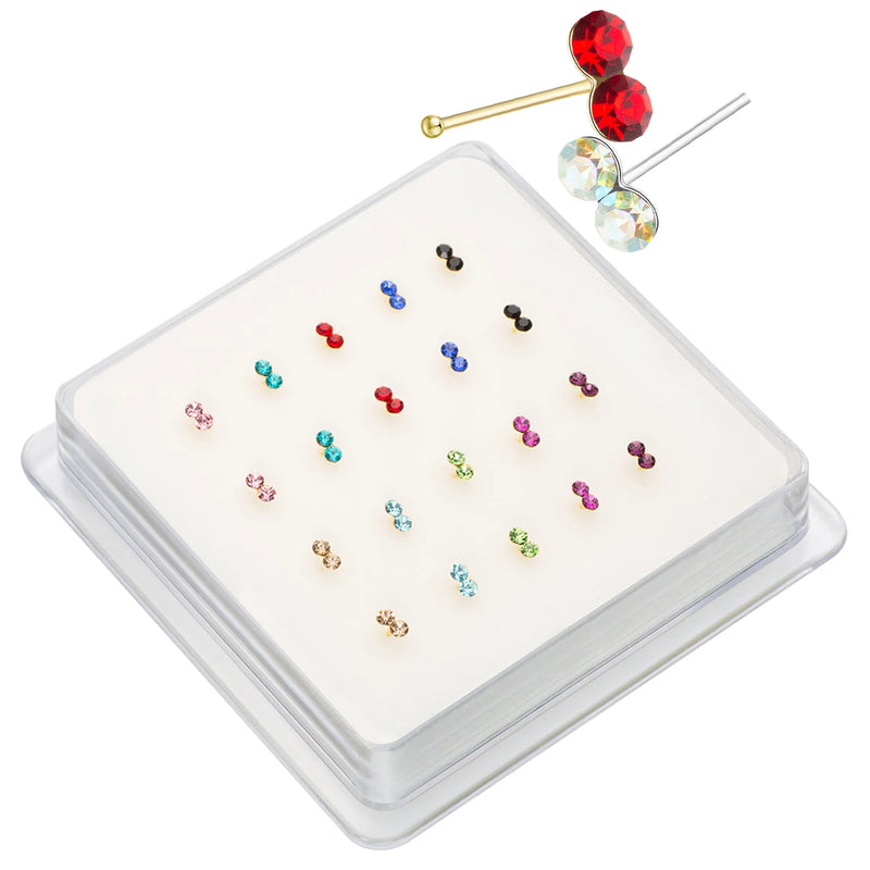 20Pcs 925 Sterling Silver Double Crystal Nose Stud Jewelry Piercing Nariz Plata