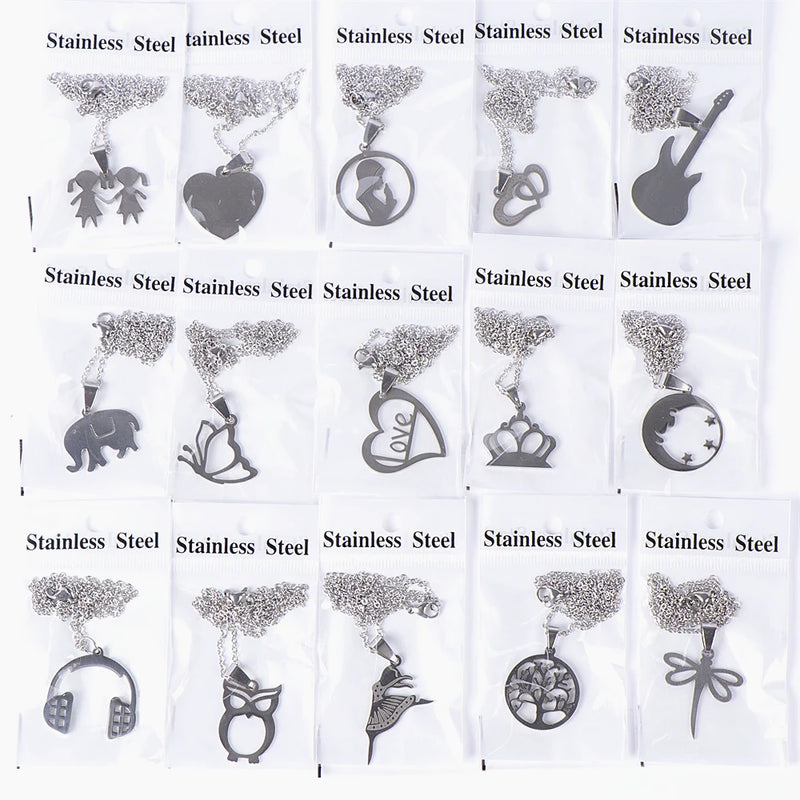 20Pcs Stainless Steel Heart Crown Tree Necklaces Mix Style Party Jewelry