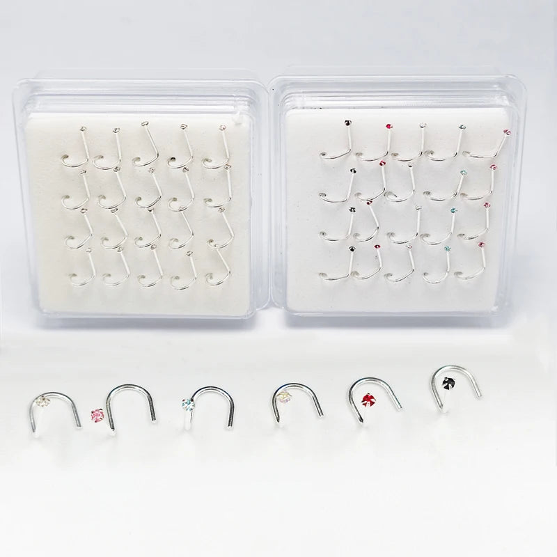 20Pcs 925 Sterling Silver Crystal Nose Stud Rings 1.5MM Piercing Jewelry