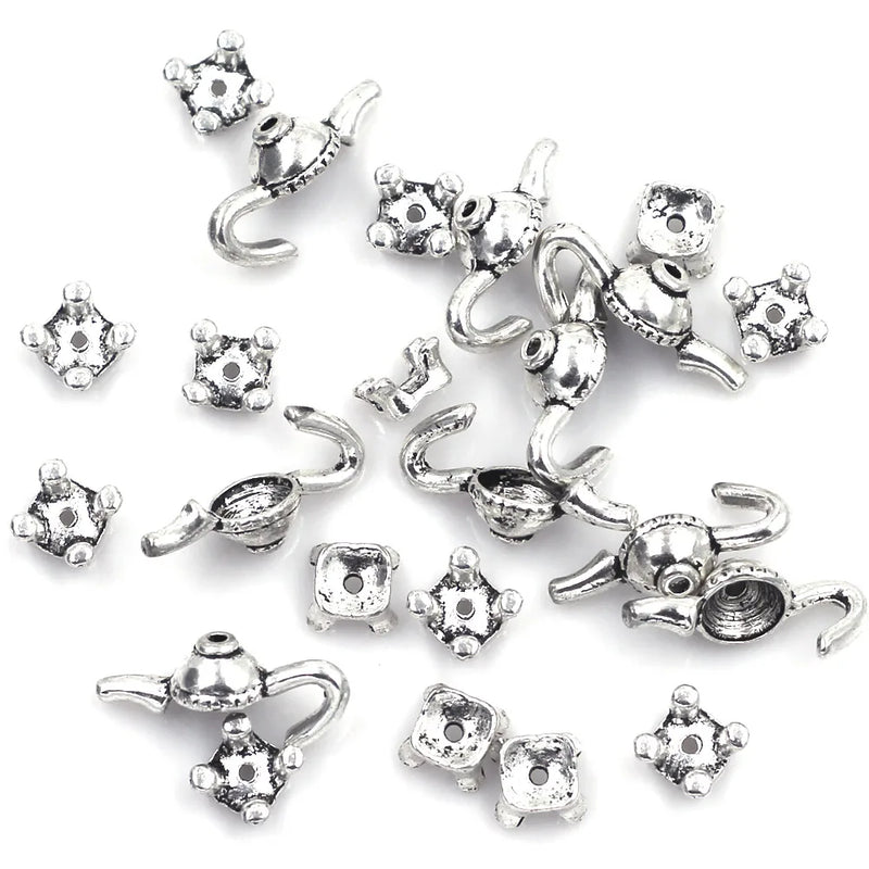20 Sets Teapot End Bead Caps Silver Tone Metal Charms Bracelets DIY Findings