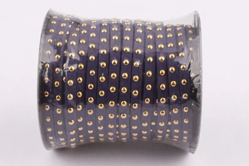 20Yds Navy Suede Cord Gold Studded 5mmx2mm