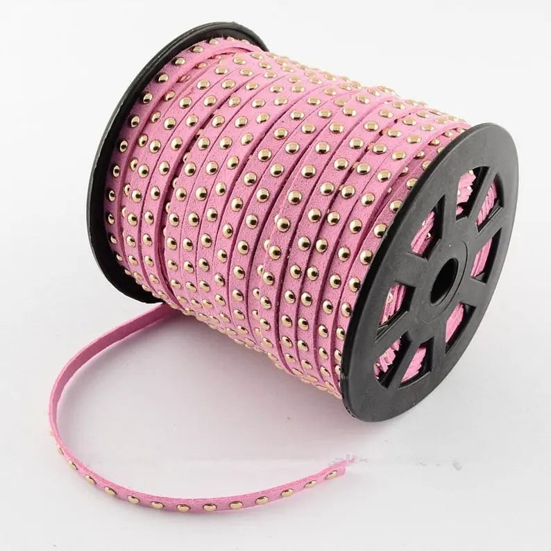 20Yds Pink Suede Cord 5mmx2mm Gold Studded Riveted Bracelet Necklace