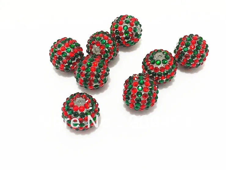 20mm Christmas Striped Red/Green Resin Rhinestone Ball Beads