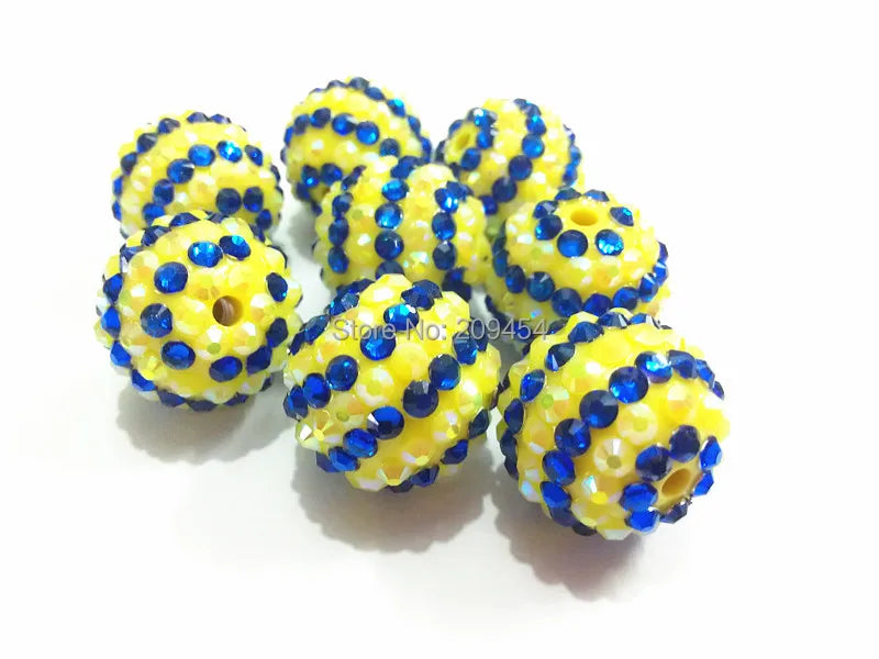 20mm 100pcs Yellow/RoyalBlue Striped Rhinestone Ball Beads