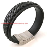 20mm Wide Men's Stainless Steel Braided Leather Bracelet with Silver Clasp