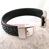 20mm Wide Men's Stainless Steel Braided Leather Bracelet with Silver Clasp