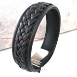 20mm Wide Men's Stainless Steel Braided Leather Bracelet with Silver Clasp