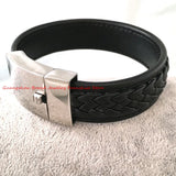 20mm Wide Men's Stainless Steel Braided Leather Bracelet with Silver Clasp