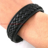 20mm Wide Men's Stainless Steel Braided Leather Bracelet with Silver Clasp