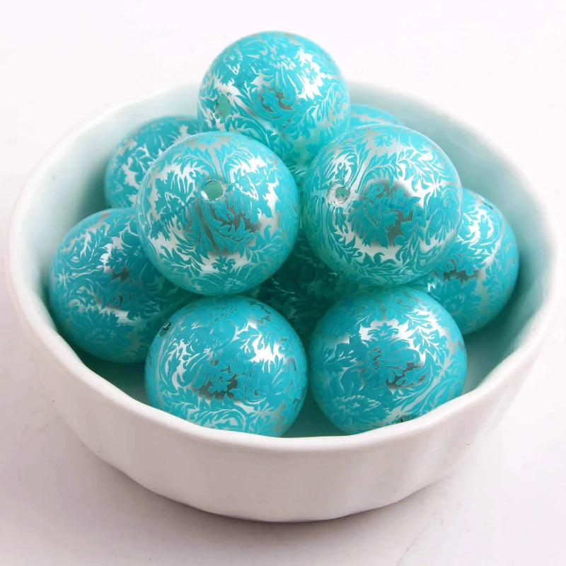 20mm Chunky Ivory Pearl Print Aqua Damask Beads Acrylic 100PCS