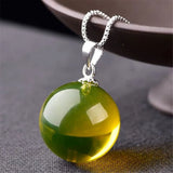 20mm Natural Amber Pendant Necklace Crystal Silver Round Beads Jewelry AAAAA