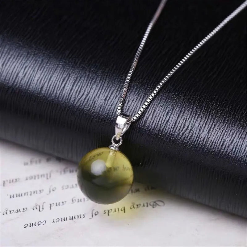 20mm Natural Amber Pendant Necklace Crystal Silver Round Beads Jewelry AAAAA