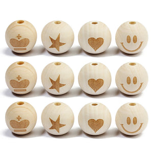 20pc 20mm Natural Wood Beads Smiling Face Heart Crown Star Baby Teether