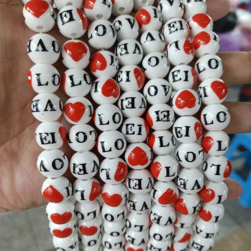 20pcs 12mm Red Heart I LOVE Ceramic Beads DIY Jewelry Making Bracelet