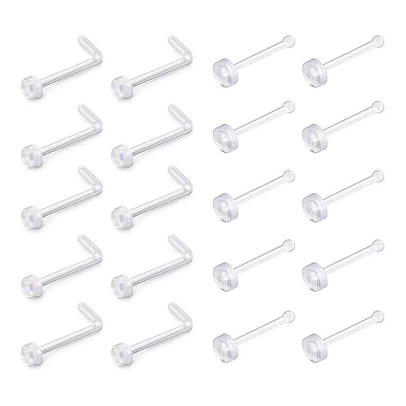 20pcs 18G Clear Nose Rings Bioflex L Shape Studs Retainer Body Piercing Jewelry