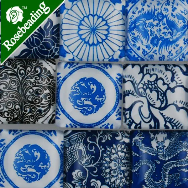 20pcs Mixed Square Porcelain Pattern Glass Cabochons 20mm Flat Back