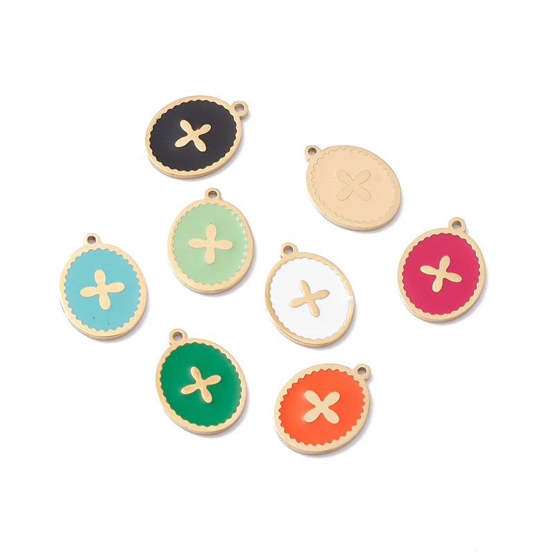 20pcs Stainless Steel Oval with Cross Enamel Pendants for DIY Jewelry