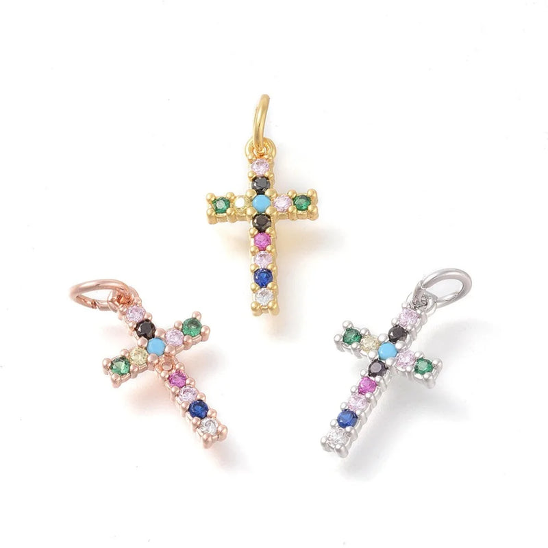 20pcs Cross Small Brass CZ Pendants Crystal Charms for DIY Jewelry 16x9x2mm