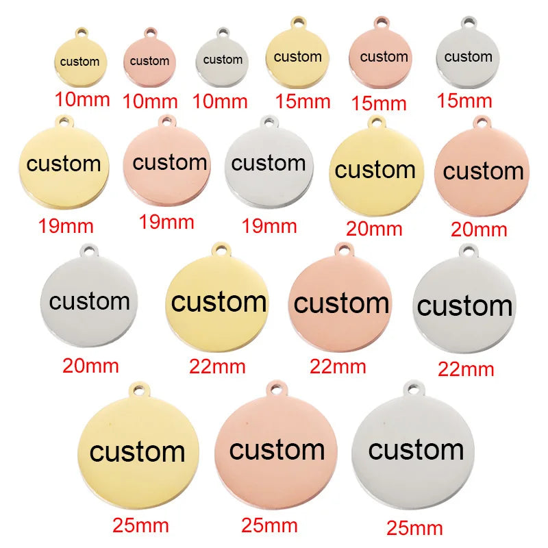20pcs Custom Stainless Steel Laser Engraved Charms Round Disc Logo Jewelry Tags