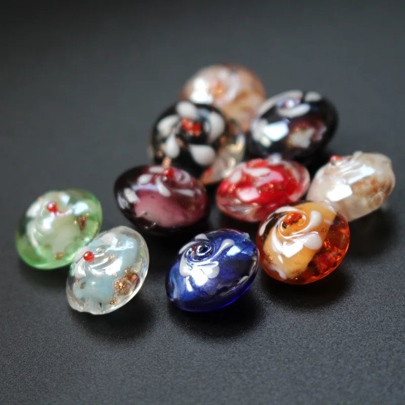 20pcs Flat Lampwork Glass beads Multi-color With Outer Flower beads Charms