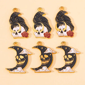 20pcs Halloween Enamel Skull Crow Moon Charms for Jewelry Making