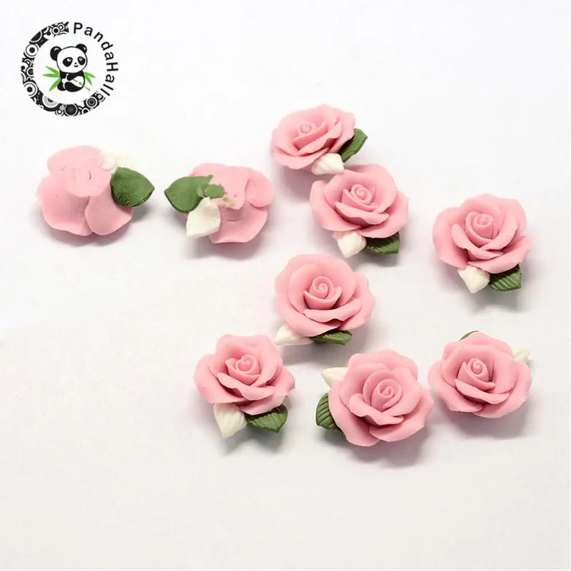 20pcs Pink Flower Porcelain Clay Beads Cabochons 23-25x20.5-21x10-11mm