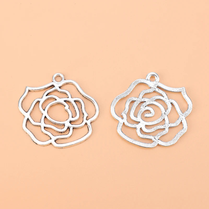 20pcs Silver Hollow Rose Flower Charms Pendants for Necklace Jewelry