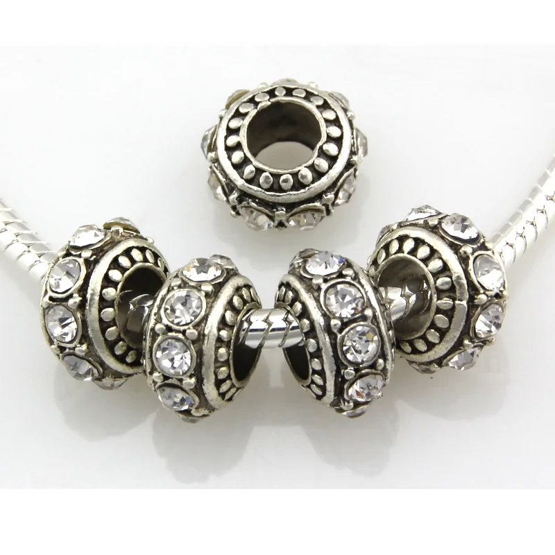 20pcs Vintage Silver Big Hole Beads Crystal European Charm Bracelet DIY
