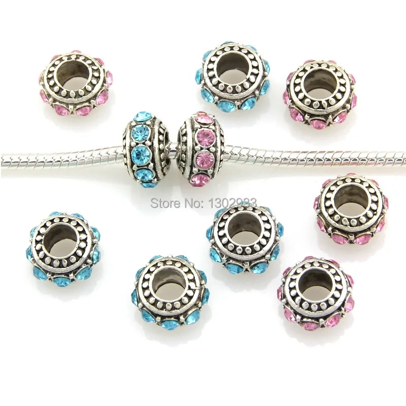 20pcs Vintage Silver Big Hole Beads Crystal European Charm Bracelet DIY