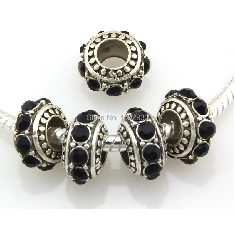 20pcs Vintage Silver Big Hole Beads Crystal European Charm Bracelet DIY