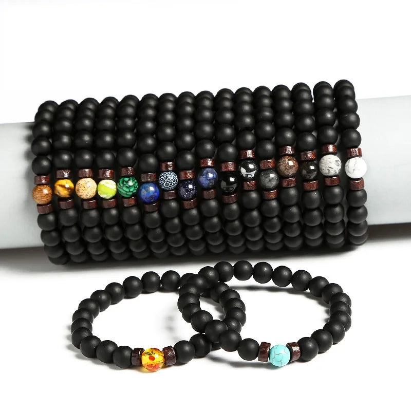 Men's Glass Beaded Bracelet Set with Chakra Natural Stone Beads