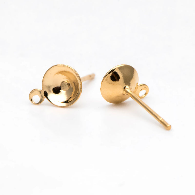 20pcs Minimalist Ear Post with 6mm Cup and Loop, Plated Brass