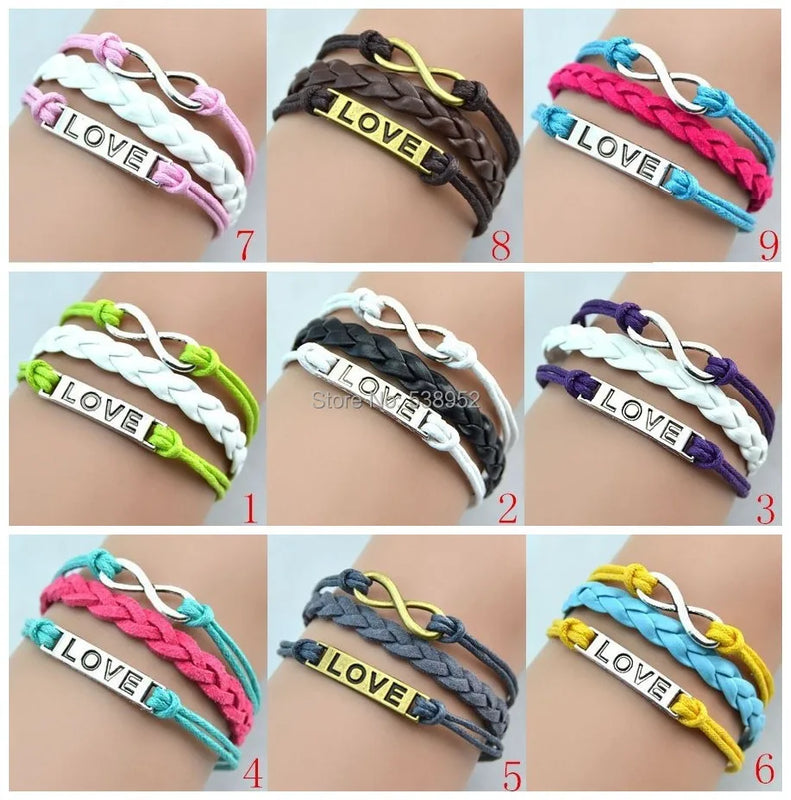 20pcs Infinity Love Ancient Silver Combination Red Pink Leather Bracelet