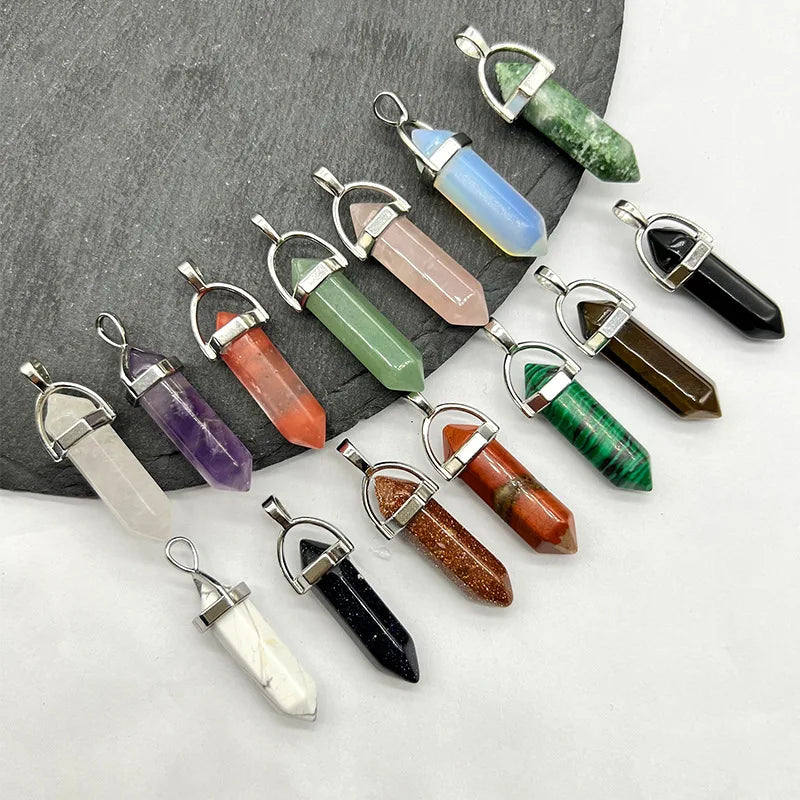 20pcs Natural Crystal Stone Double Point Charms Hexagon Prism Pendants