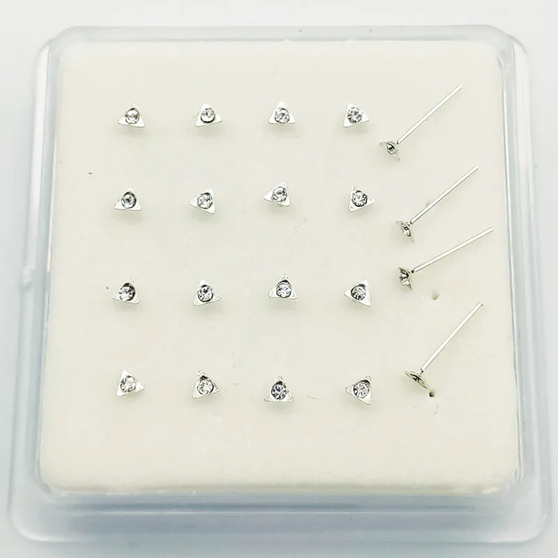 20pcs 925 Sterling Silver Triangle Nose Studs with Clear Crystal
