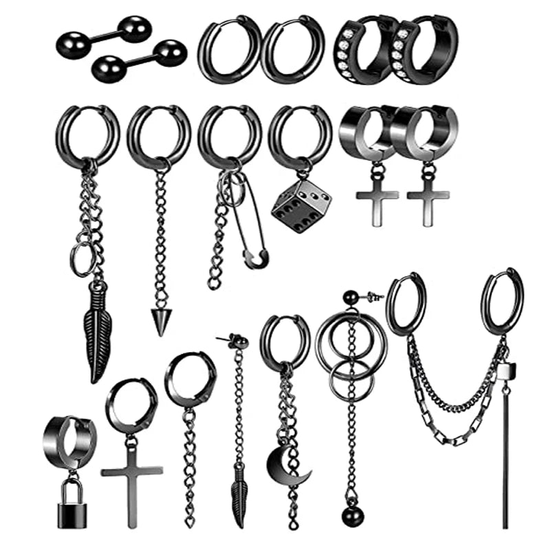 Stainless Steel Cross Dangle Earrings Hinged Hoops Long Chain Punk Jewelry