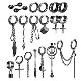 Stainless Steel Cross Dangle Earrings Hinged Hoops Long Chain Punk Jewelry