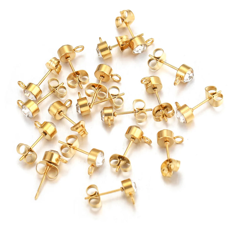 20pcs Stainless Steel Rhinestone Ball Earring Post Stud with Loop Jewelry Making